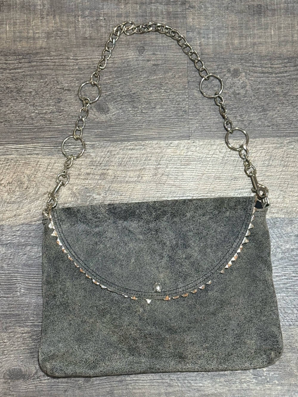 Da Van Gray Suede Chain Shoulder Bag with Stud Trim